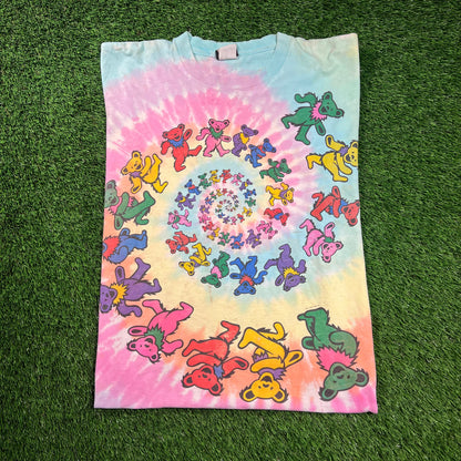 1995 Grateful Dead Spiral Bears Tie Dye Liquid Blue Tee Size Large USED v18480