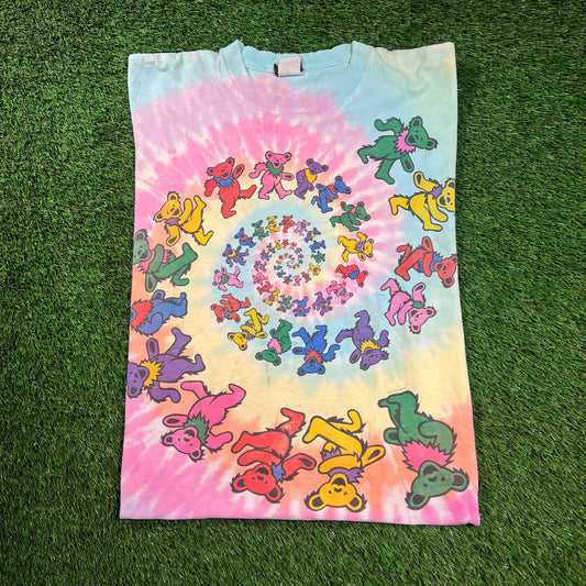 1995 Grateful Dead Spiral Bears Tie Dye Liquid Blue Tee Size Large USED v18480