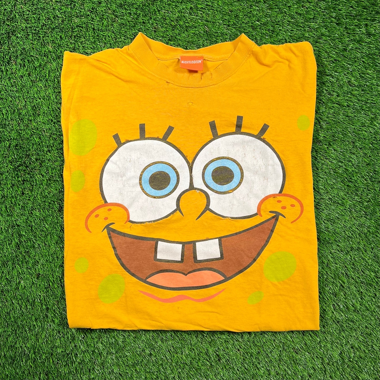 Y2K Spongebob Yellow Big Face Tee Size Large USED v18561