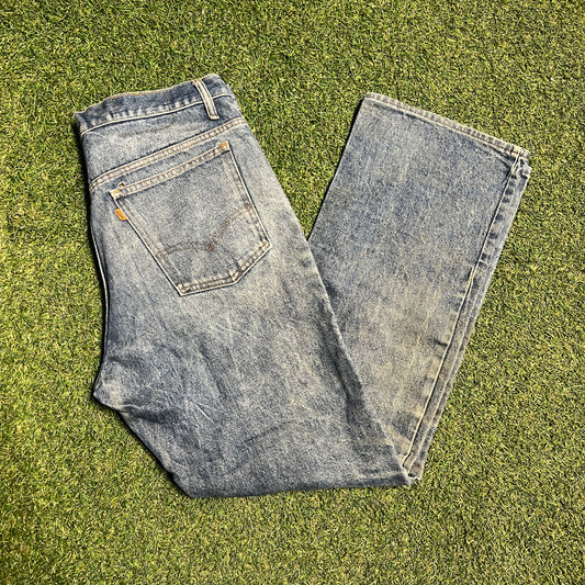 Levis 70s Big E Orange Tab Dark Blue Stained Jeans Size 32x30 USED v15893