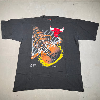 1990s Chicago Bulls Flaming Dunking Ball Black Tee Size XL USED v17807