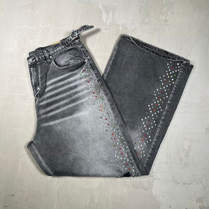HMDD Black Wash H Star Rhinestone Baggy Denim Jeans Size Large USED x18950