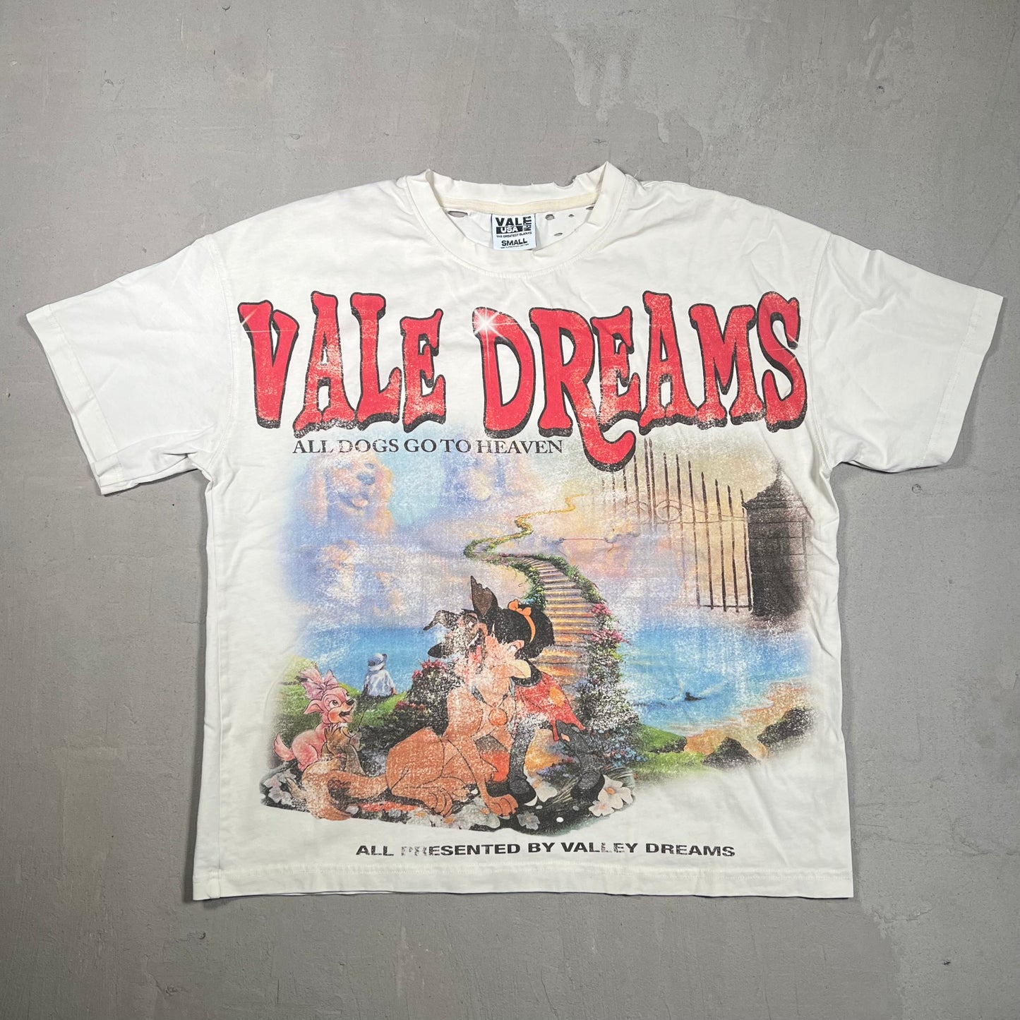 Vale Forever "All Dogs Go To Heaven" White Tee Size Small USED x17374