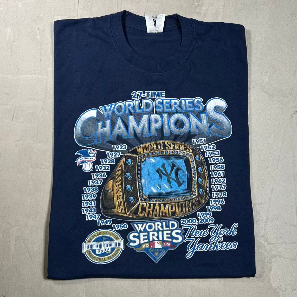 2009 Yankees World Series Champ Ring Navy Blue Tee Size XL USED v20099