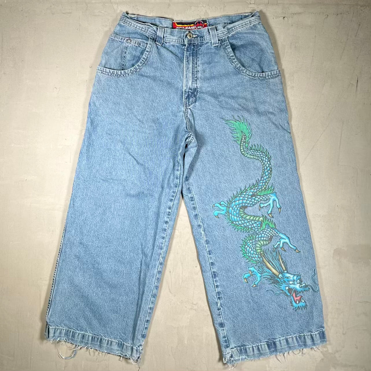 Y2K JNCO Jeans Blue Denim Dragon Jeans Size 36 USED v20061