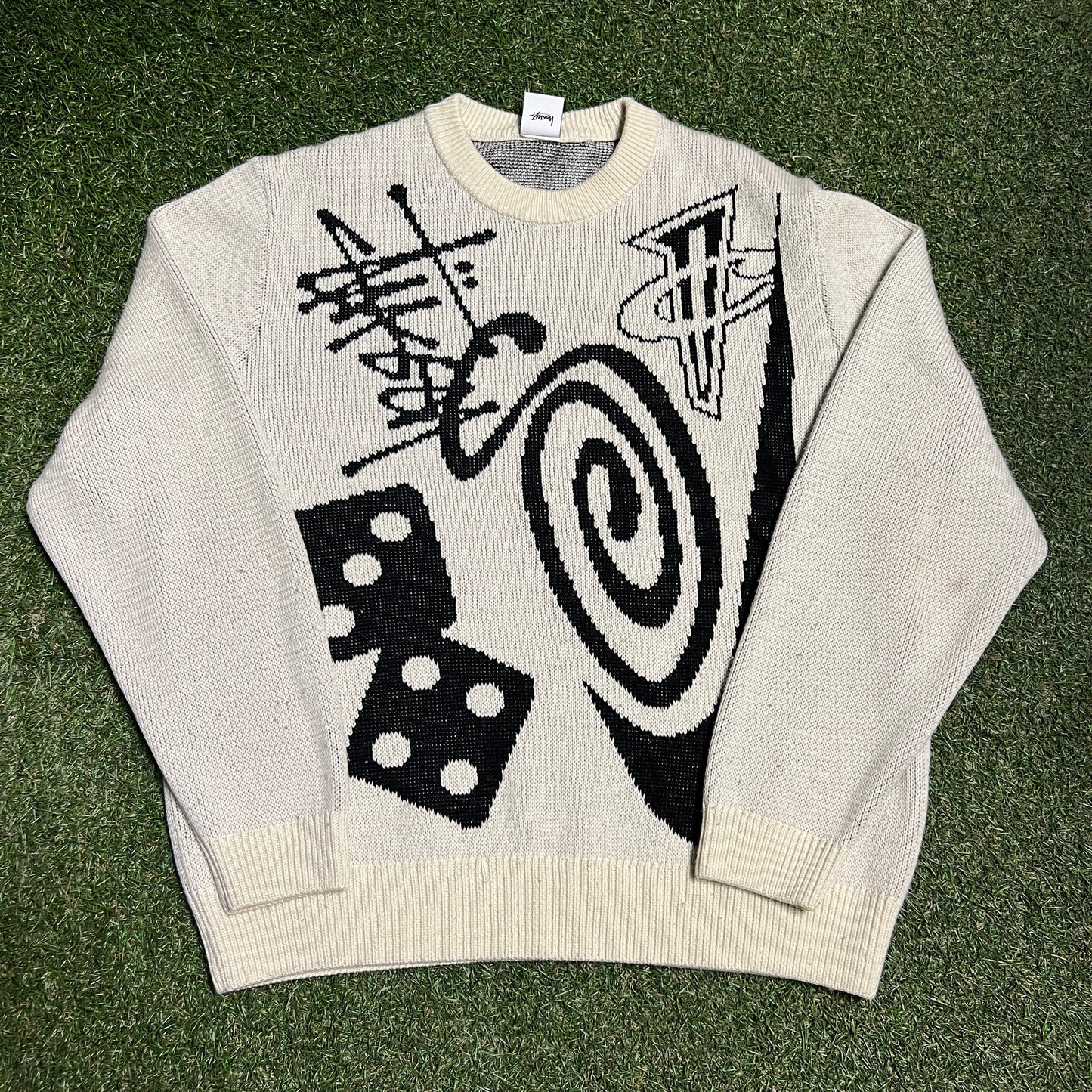 Stussy x Penny Knit AOP Cream Crewneck Size Medium USED x13787