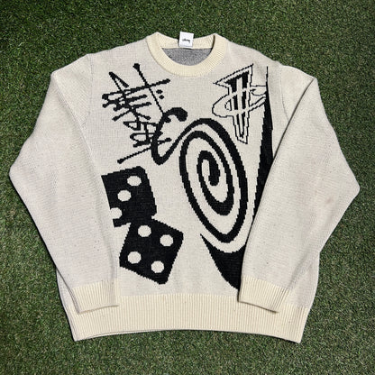 Stussy x Penny Knit AOP Cream Crewneck Size Medium USED x13787