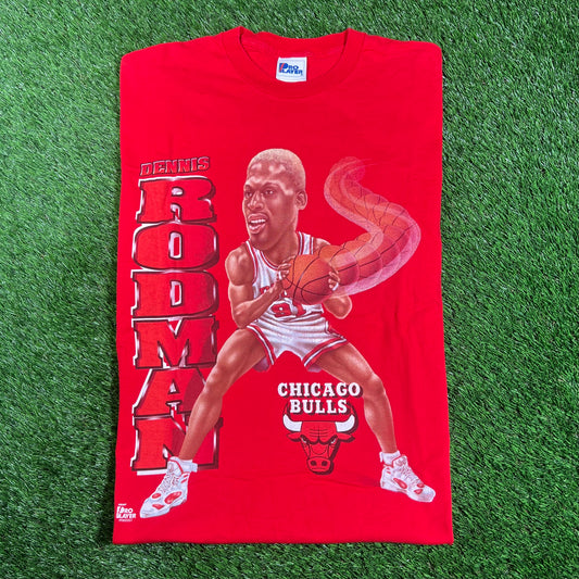 1990s Dennis Rodman Chicago Bulls Pro Player Tag Red Tee Size Large USED v17800