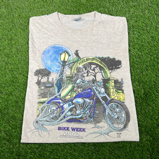 2002 Bike Week Day Pinewood Cemetery Grey Tee Size Large USED v6901
