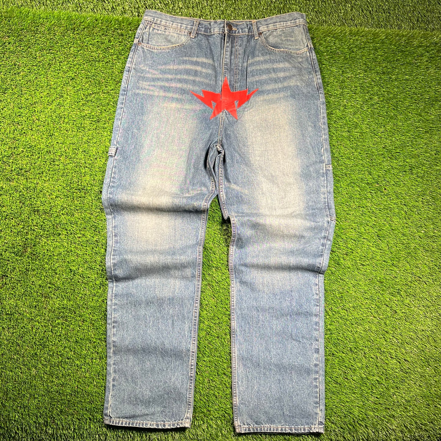 Y2K Bape Red Star Print Blue Jeans Size XL USED x16280