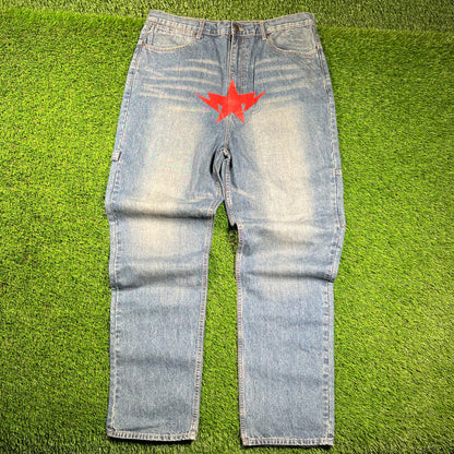 Y2K Bape Red Star Print Blue Jeans Size XL USED x16280