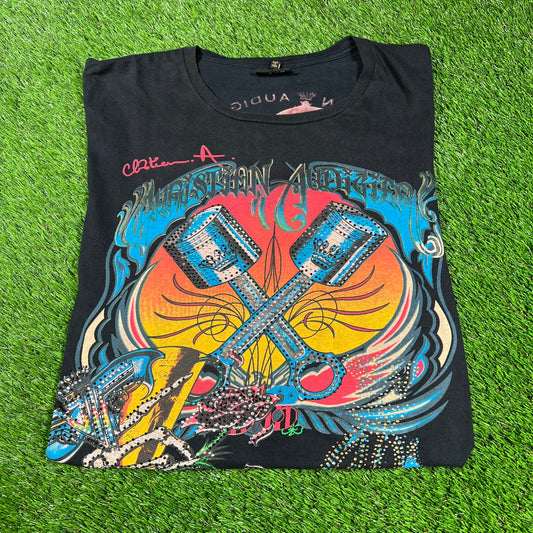 Christian Audigier Daydreamer Rhinestone Black Tee Size XXL USED v16649