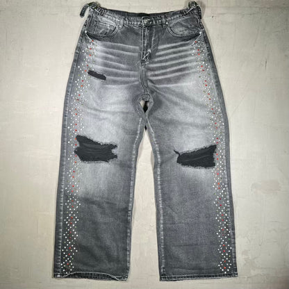 HMDD Black Wash H Star Rhinestone Baggy Denim Jeans Size Large USED x18950