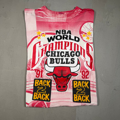 1992 Chicago Bulls Back 2 Back AOP Red/White Tee Size XL USED v16735