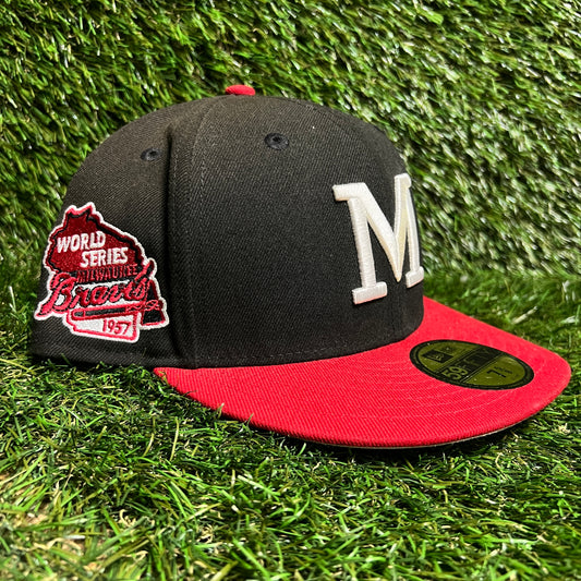New Era World Series Milwaukee Braves '57 Patch Black Hat Size 7 5/8 USED v16168