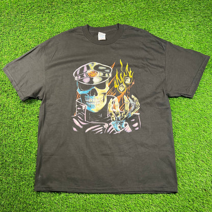 Y2K Skeleton Biker w/ Dice Black Tee Size XL USED v18452