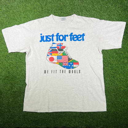 1990s Just For Feet We Fit the World Grey Tee Size XL USED v17180