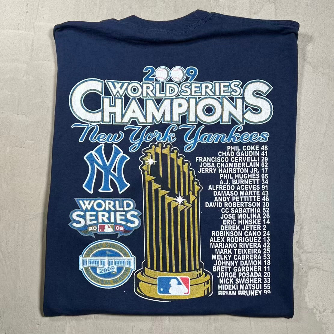 2009 Yankees World Series Champ Ring Navy Blue Tee Size XL USED v20099