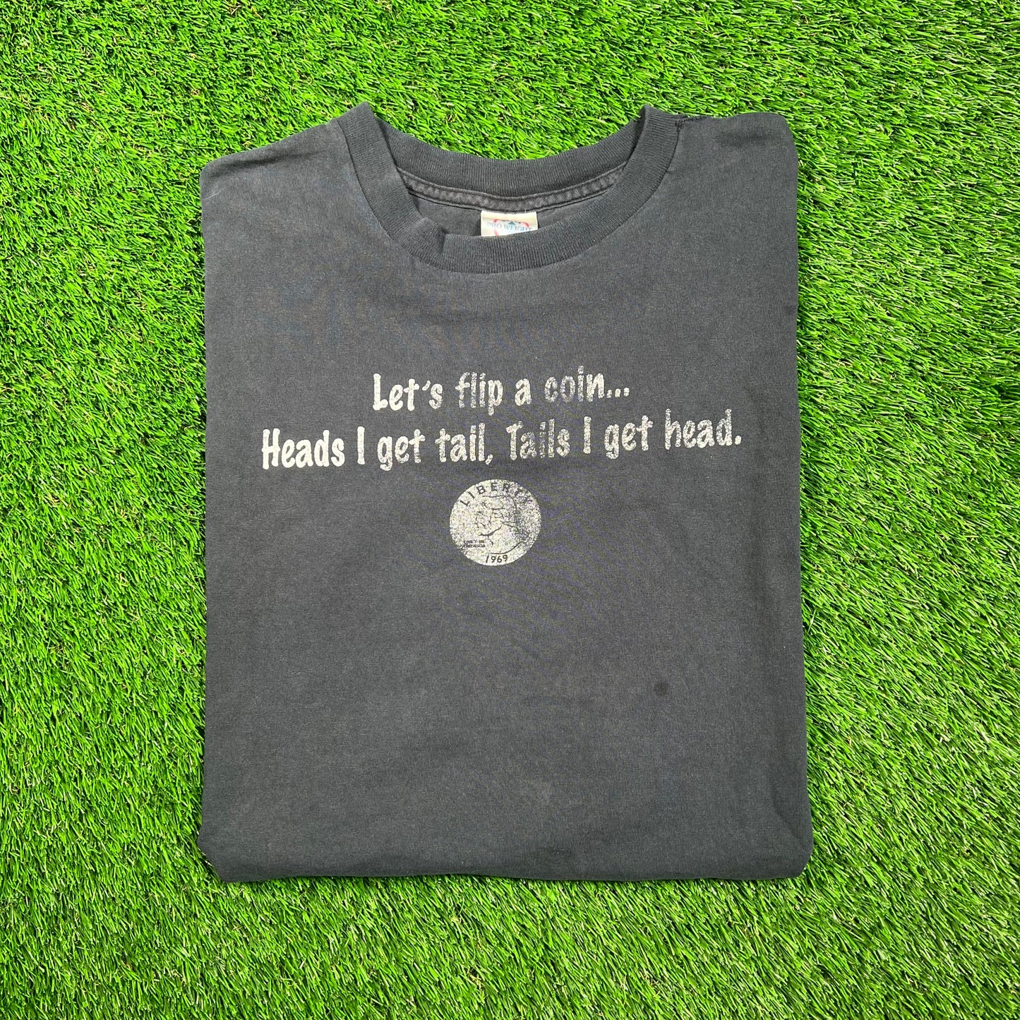 1990s "Coin Flip" Humor Black Tee Size XXL USED v18646