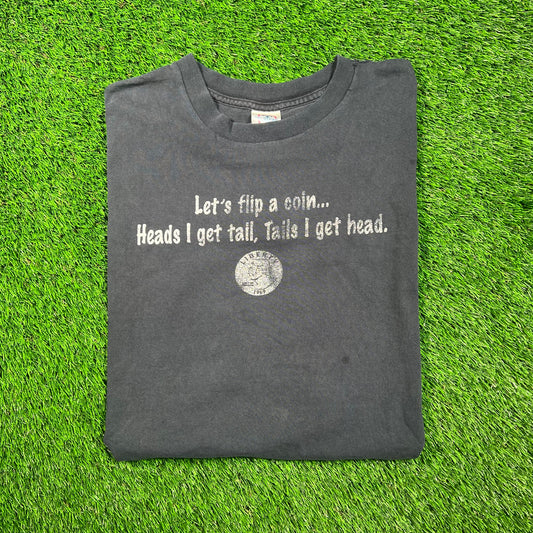 1990s "Coin Flip" Humor Black Tee Size XXL USED v18646