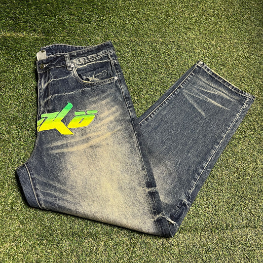 Sicko Front Embroidery Acid Washed Blue Jeans Size 36 NEW x14007