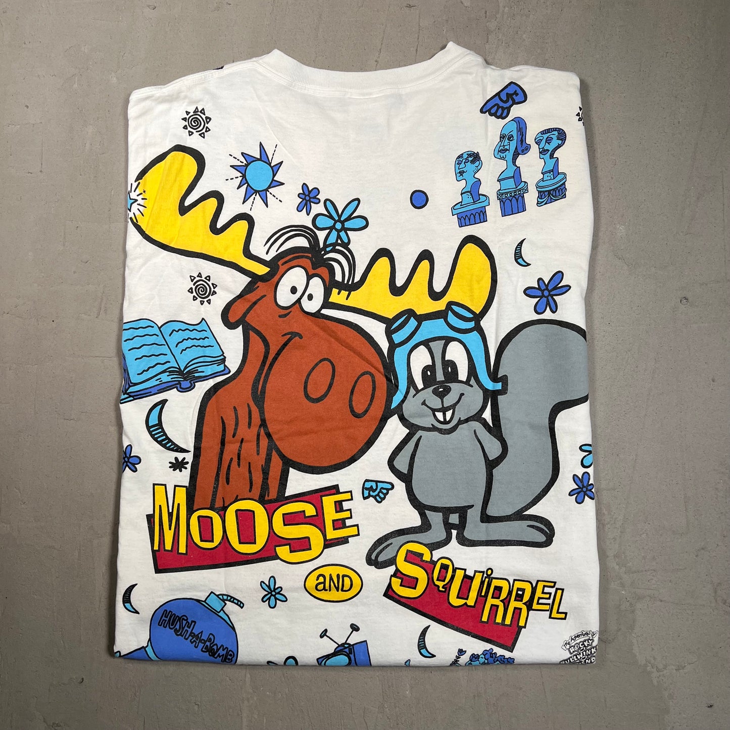 1993 The adventures of Rocky and Bullwinkle and Friends Moose and Squirrel AOP tee wild oats tag Size Large USED v12149