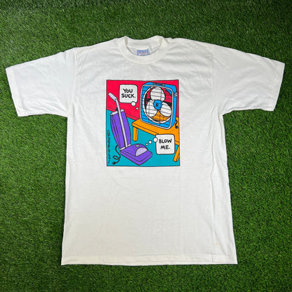 1990s You Suck Blow Me Vaccum Fan Art White Tee Size Large USED v16651