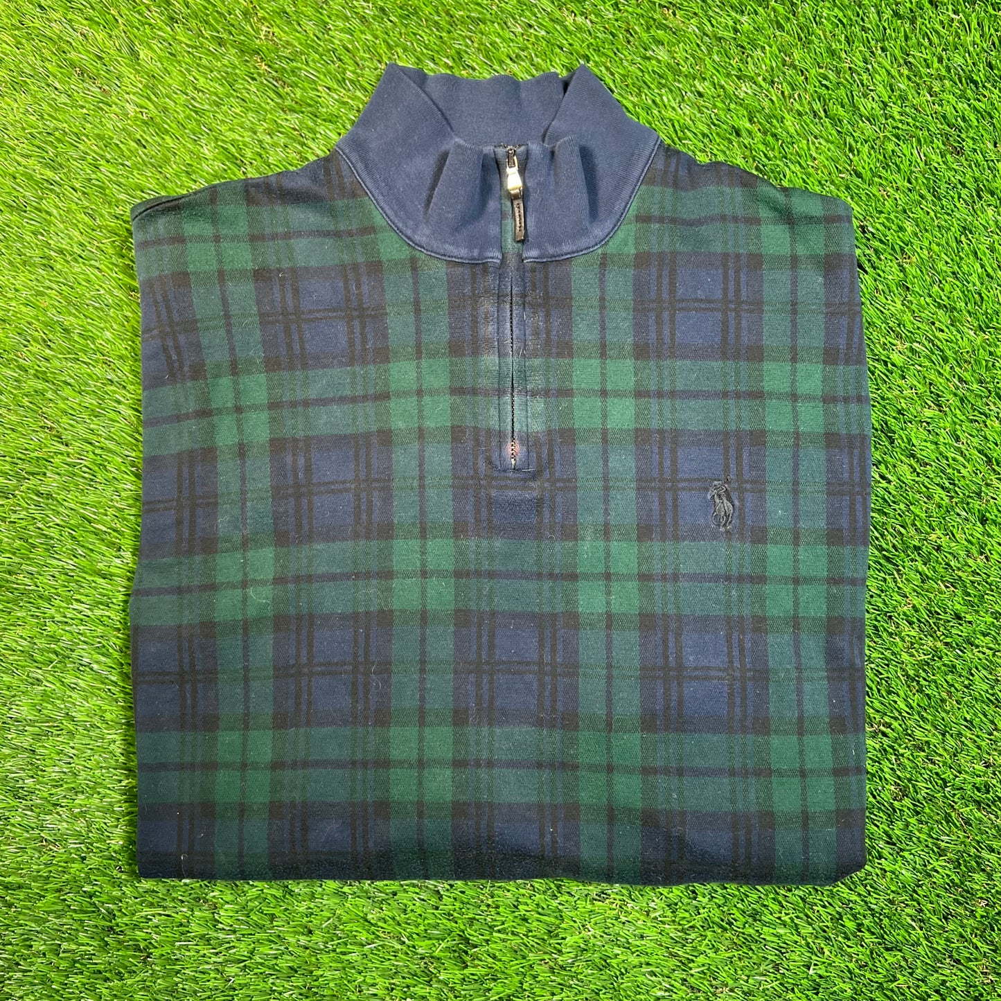 1990s Ralph Lauren Polo Golf Green Plaid Half Zip Crewneck Size Large USED v18882