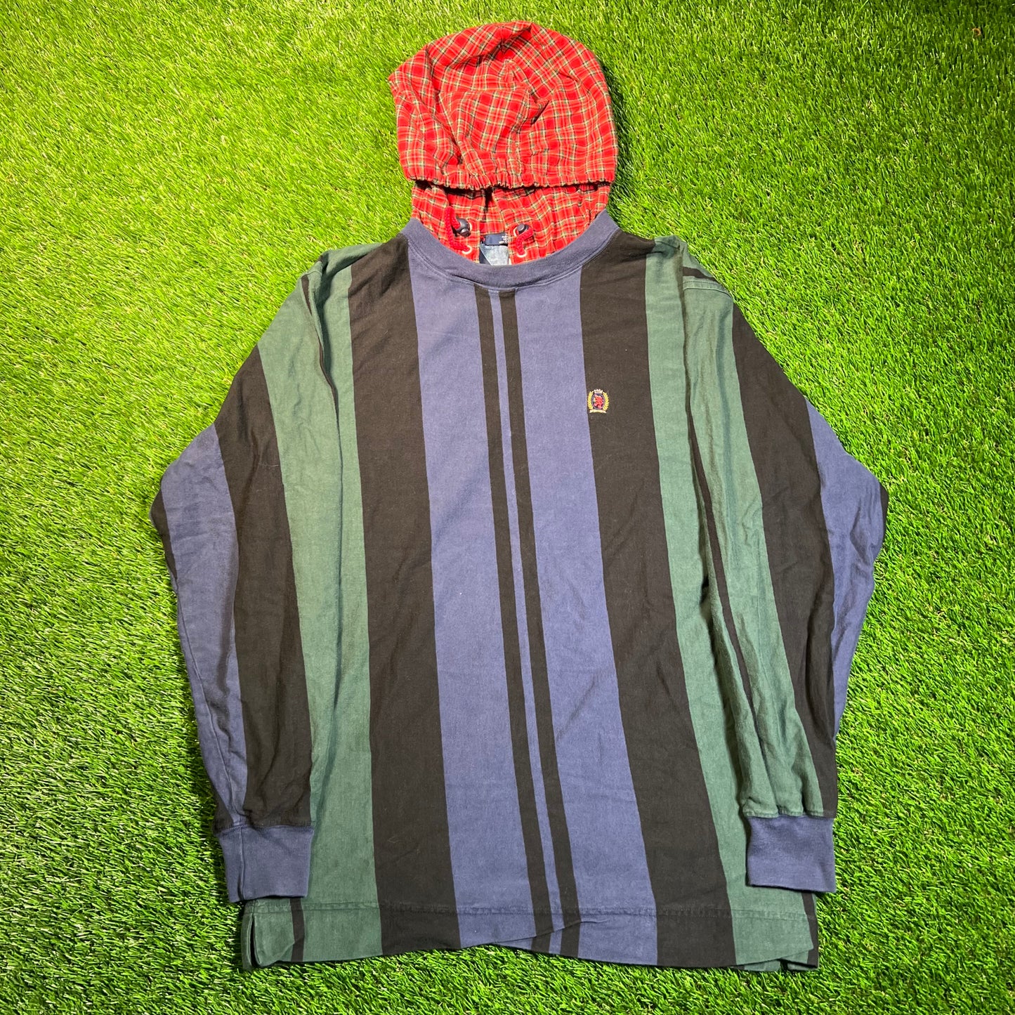 1990s Tommy Hilfiger Blue/Green Stripped Plaid Hood Longsleeve Size XL USED v18883