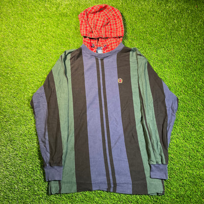 1990s Tommy Hilfiger Blue/Green Stripped Plaid Hood Longsleeve Size XL USED v18883