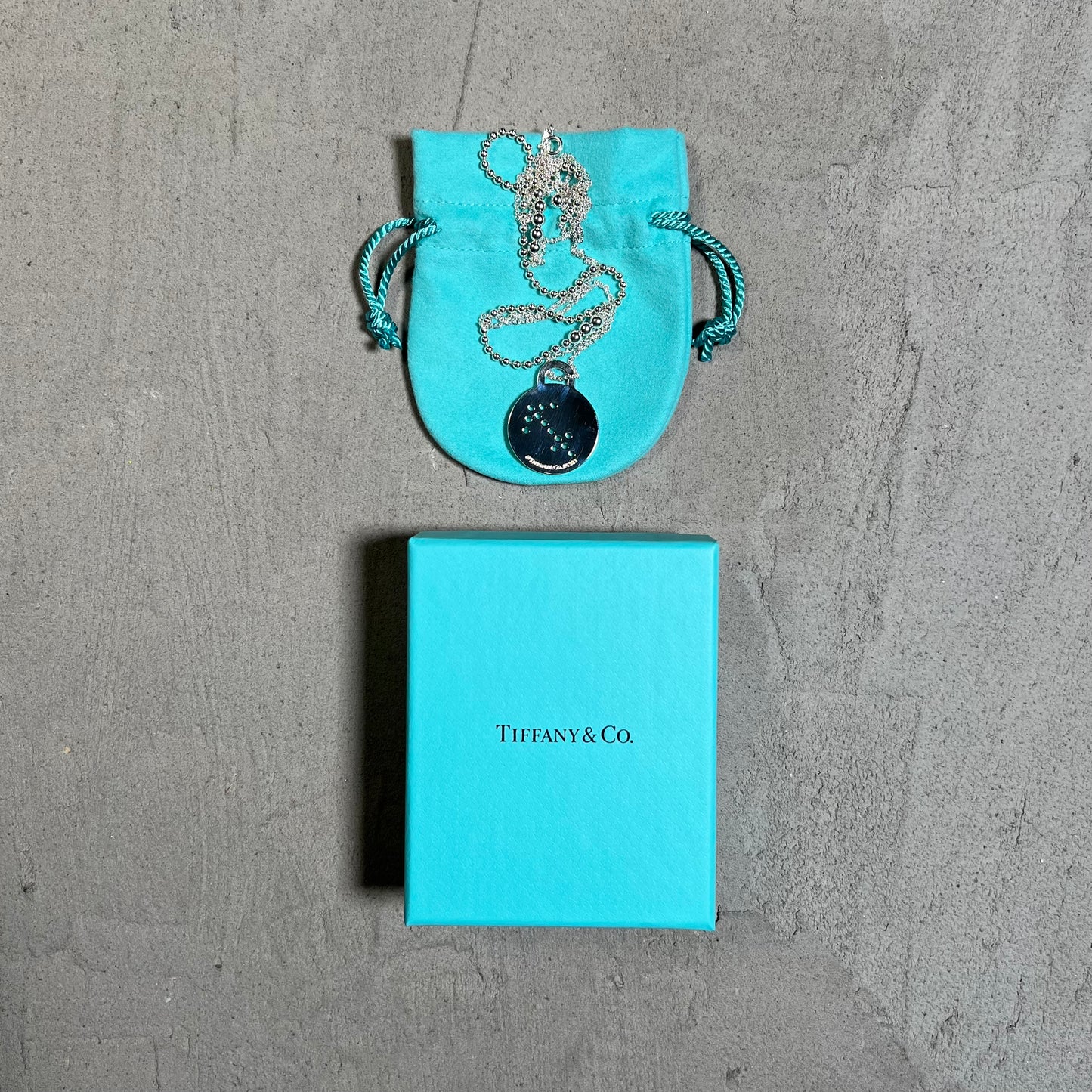 Tiffany & Co Round Tag Zodiac Sagittarius Silver Pendant Necklace USED x17638