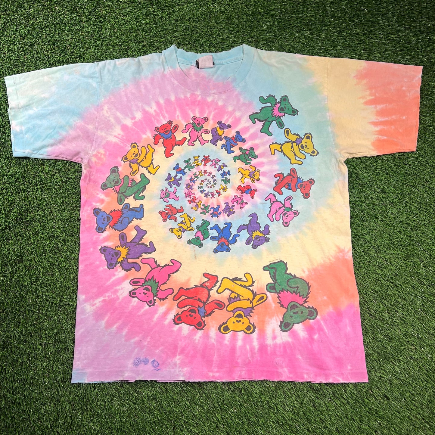 1995 Grateful Dead Spiral Bears Tie Dye Liquid Blue Tee Size Large USED v18480