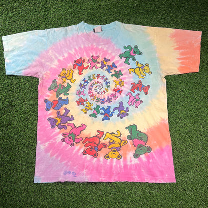 1995 Grateful Dead Spiral Bears Tie Dye Liquid Blue Tee Size Large USED v18480