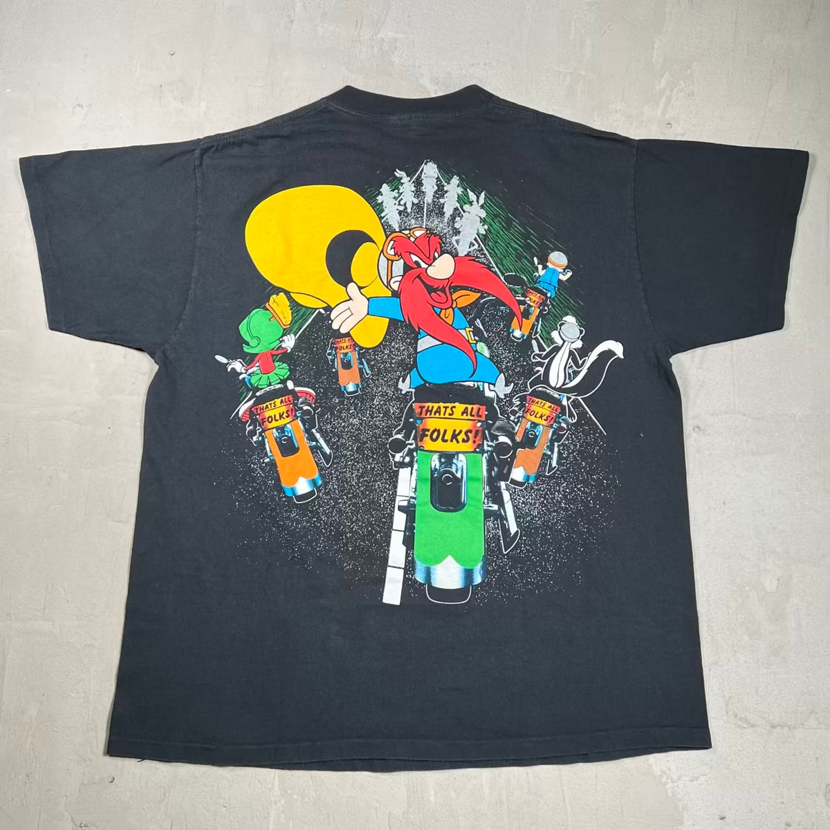 1993 Looney Tunes Biker Crew AOP Black Tee Size XL USED v20195