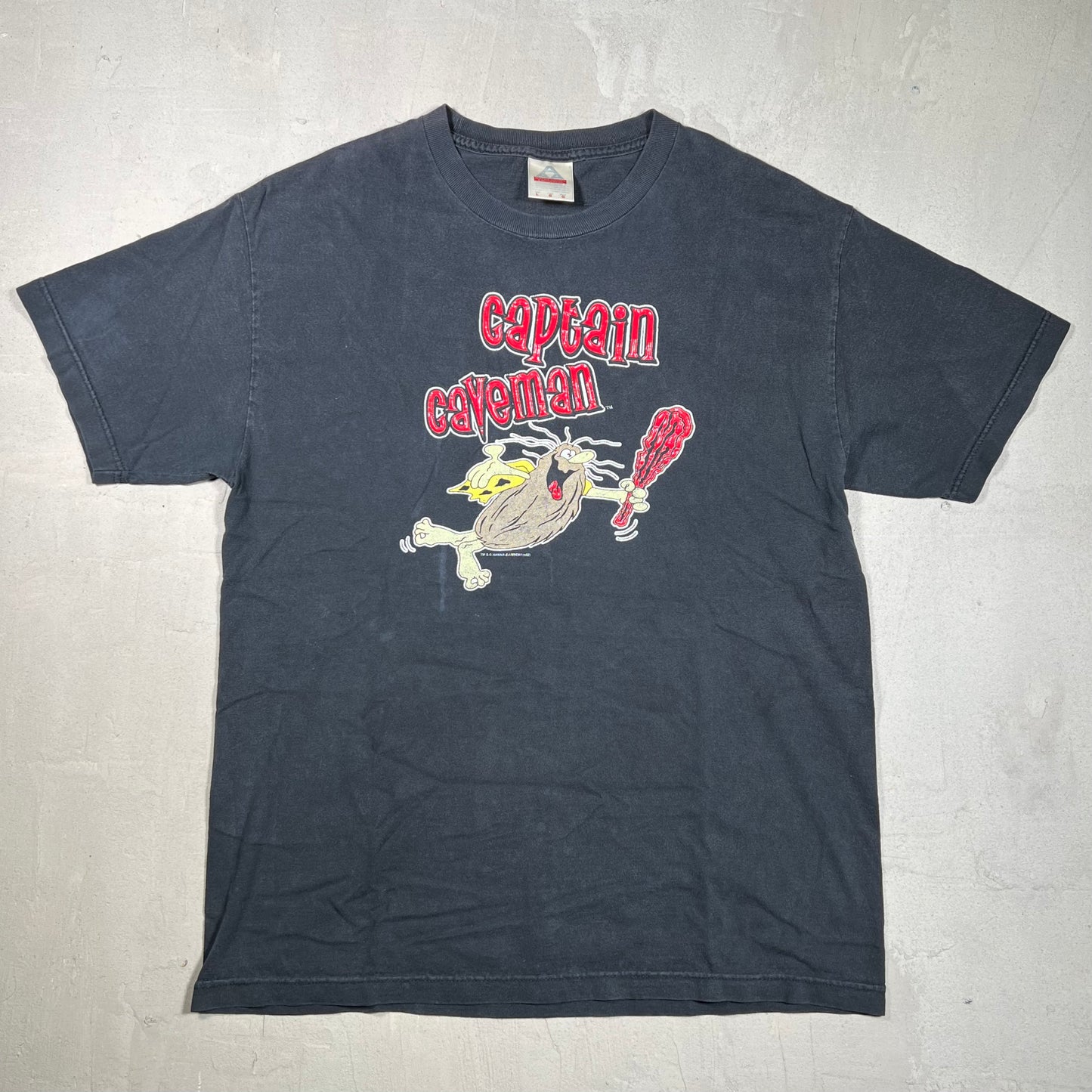 Y2K Captain Caveman Washed Black Tee Size Large USED v19261