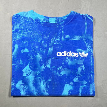 1990s Adidas Puff Print AOP Blue Tee Size XL USED v16074