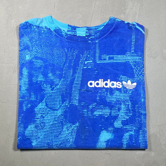 1990s Adidas Puff Print AOP Blue Tee Size XL USED v16074