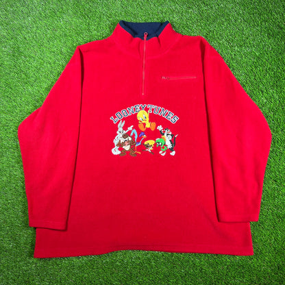 2000 Looney Tunes Embroidered Half Zip Red Fleece Size XXL USED v17046