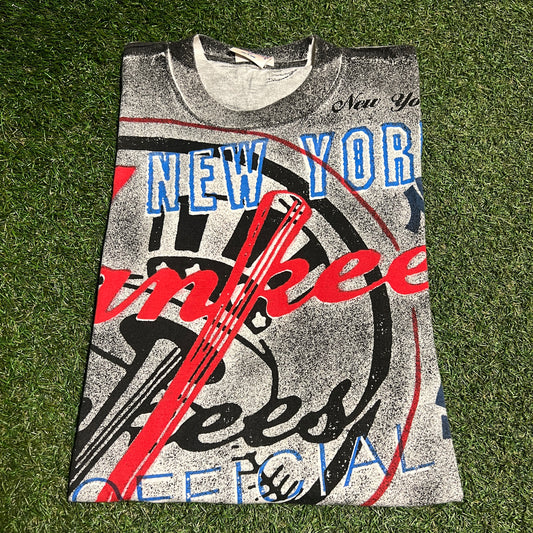 1990s New York Yankees AOP Tee Favorites Tag Size Large USED v16442