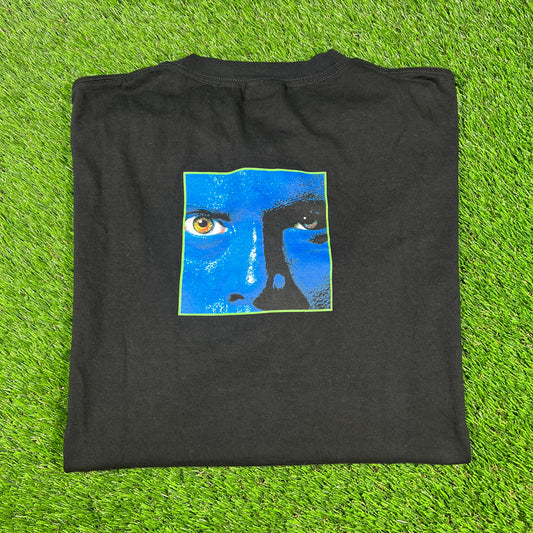 Y2K Blue Man Group Big Face Back Black Tee Size XXL USED v16699