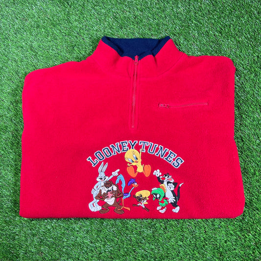 2000 Looney Tunes Embroidered Half Zip Red Fleece Size XXL USED v17046
