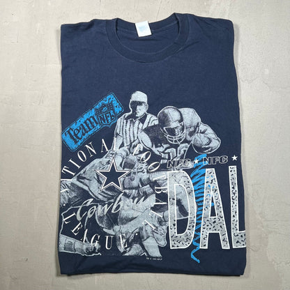1991 Dallas Cowboys 7 Logo Tag Navy Blue Tee Size Large USED v19255