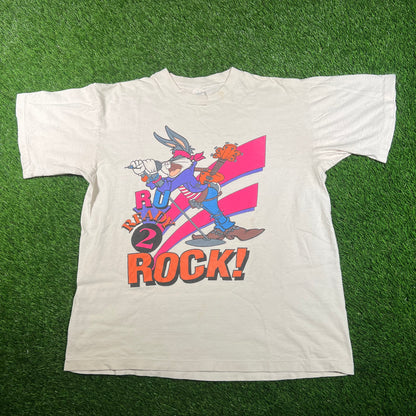 1990s Bugs Bunny R U Ready To Rock White Tee Size Large USED v17710