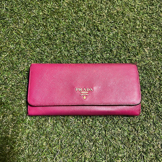1990s Prada Saffiano Leather Long Pink Wallet USED x14077