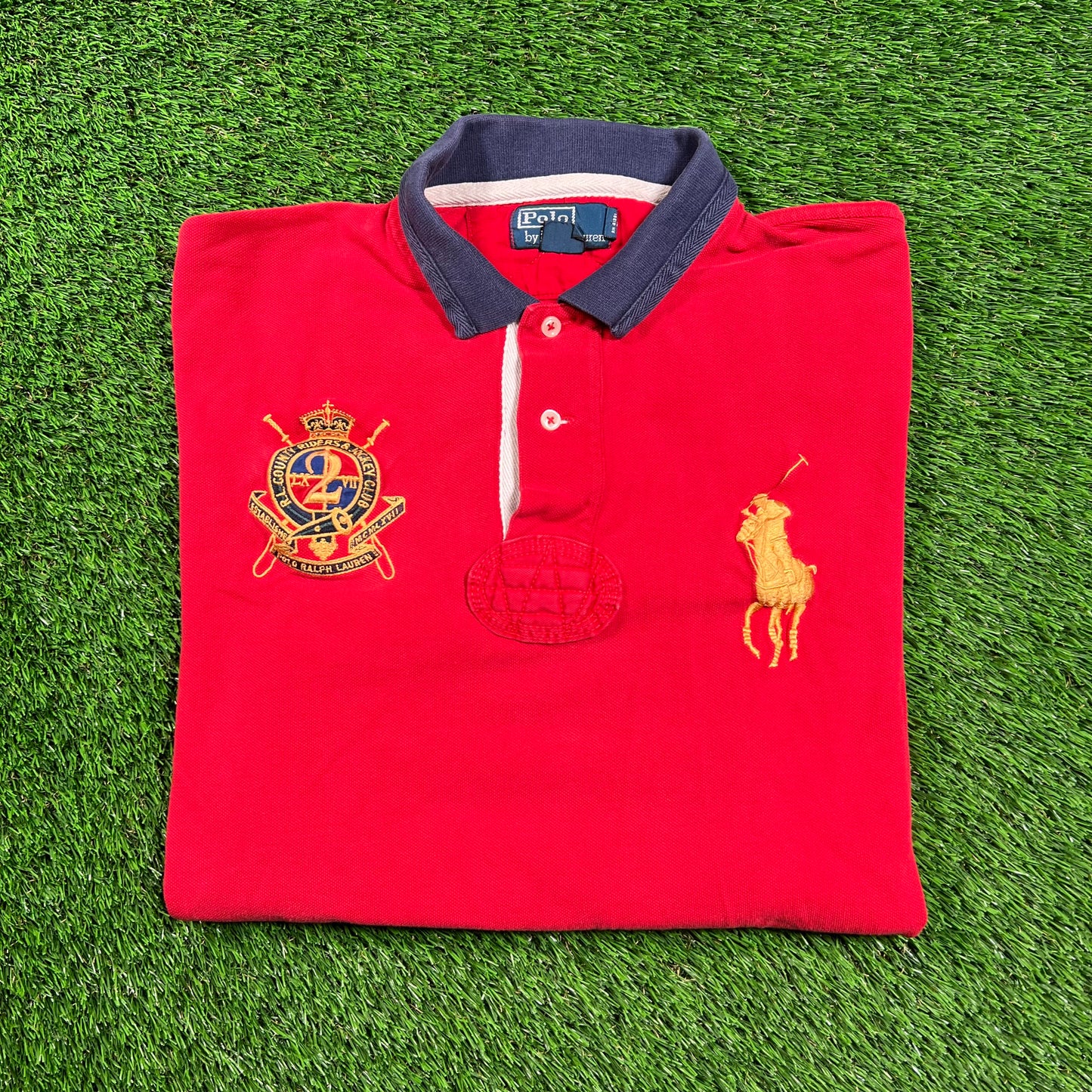 Polo Ralph Lauren Red/Gold Pony Logo Polo Shirt Size Large USED v18399
