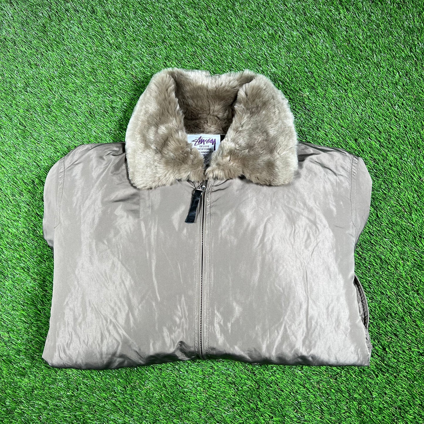 Stussy Quilted Goose Down Puffy Grey Jacket Size XL USED x14613