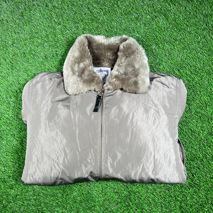 Stussy Quilted Goose Down Puffy Grey Jacket Size XL USED x14613