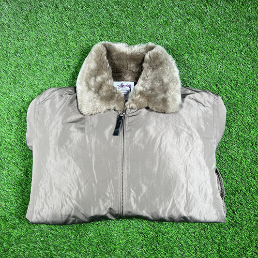 Stussy Quilted Goose Down Puffy Grey Jacket Size XL USED x14613
