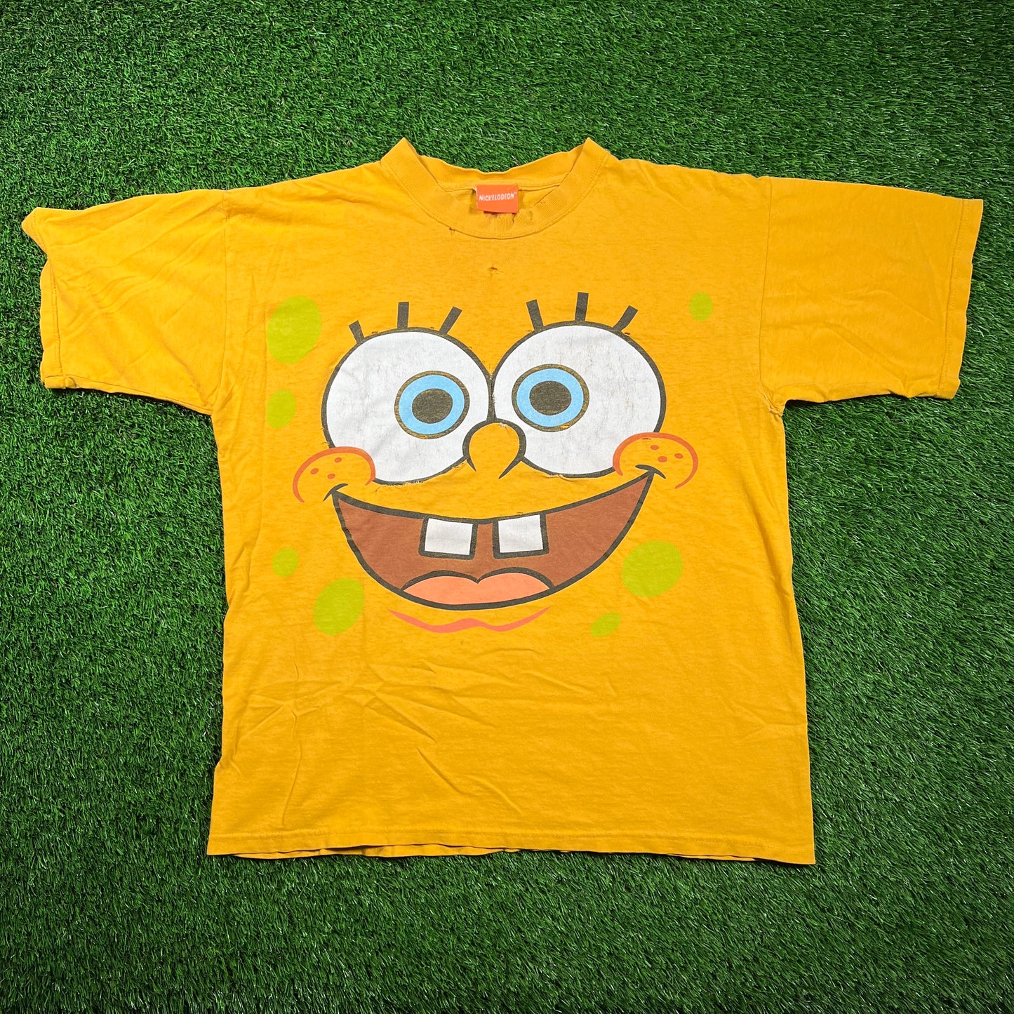 Y2K Spongebob Yellow Big Face Tee Size Large USED v18561