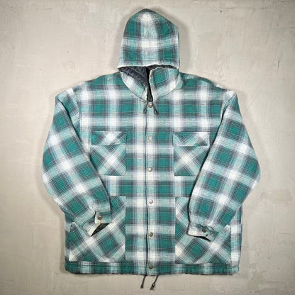 1990s I.C. Mountain Green Flannel Padded Reversible Hoodie Size XL USED v20416